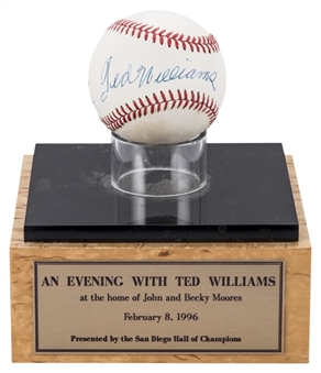 Ted Williams Single Signed OAL Brown Baseball From Dick Enberg Collection (Letter of Provenance & Beckett PreCert)